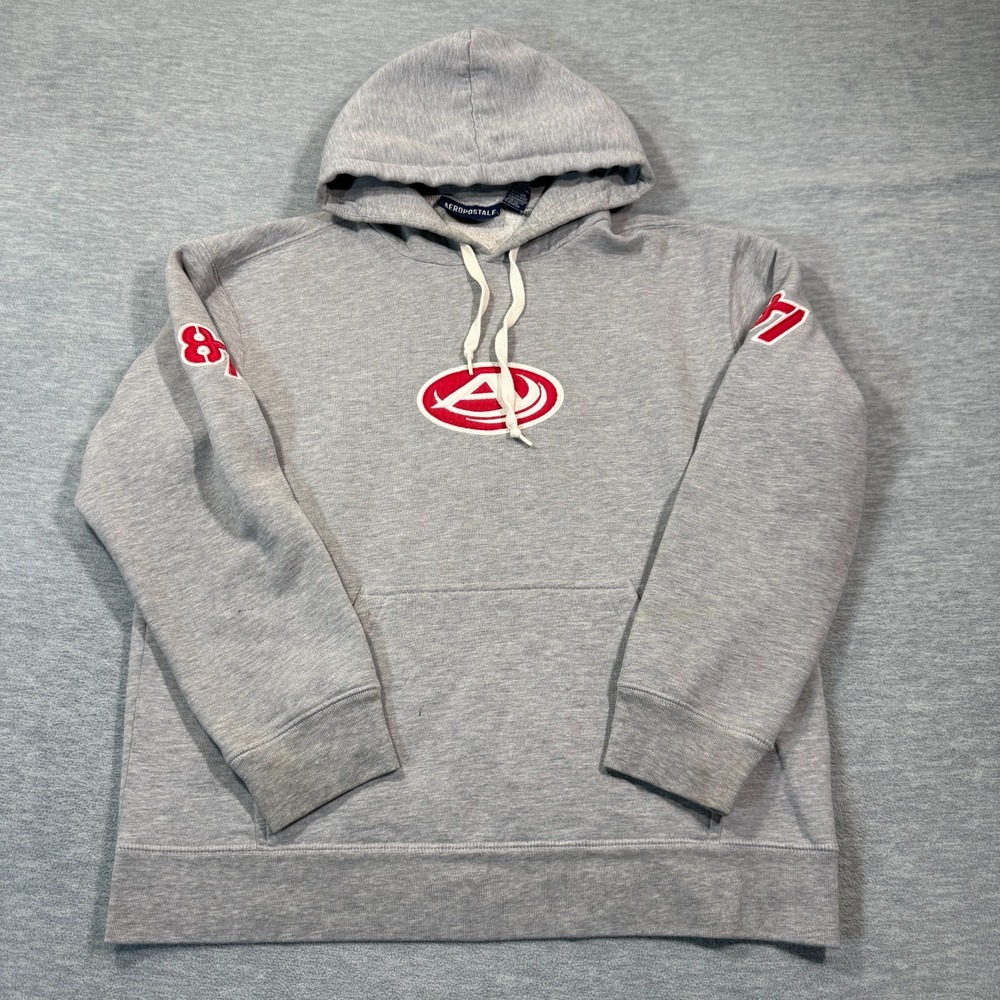 Aeropostale Hoodie Men Large Gray Pullover Graphic Logo Fleece Sweatshirt Y2K